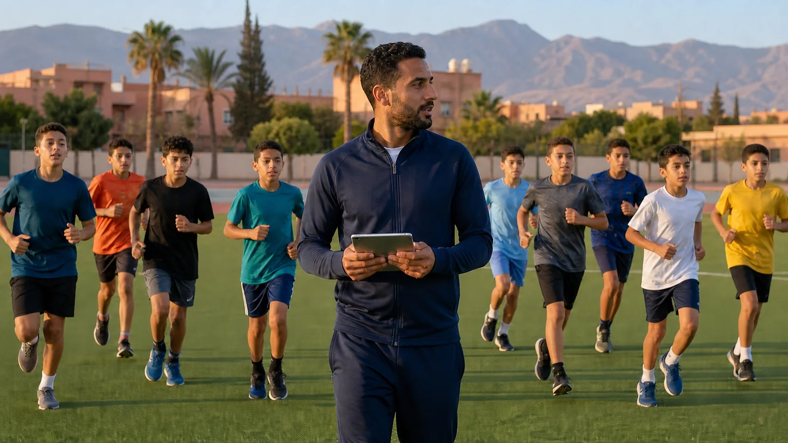 Enseignant d'EPS encadrant des garçons en tenue sportive sur le terrain